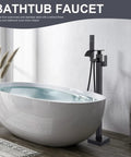 Matte Black Free Standing Tub Faucet With Hand Shower Floor Mounted Brass Tub Filler For Modern Bathrooms next to white tub