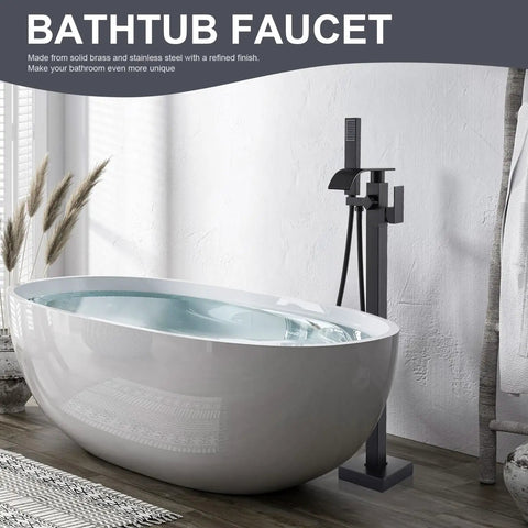 Matte Black Free Standing Tub Faucet With Hand Shower Floor Mounted Brass Tub Filler For Modern Bathrooms next to white tub
