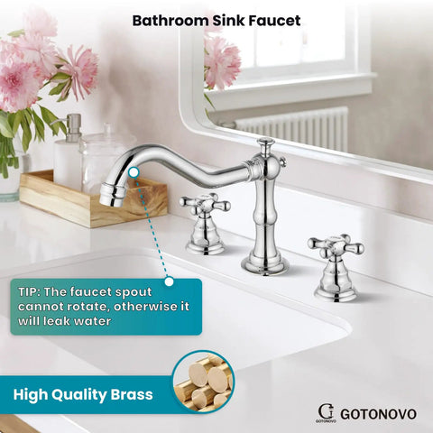 Dope Vintage Chrome 8 Inch Widespread Bathroom Faucet With Two Cross Handles, 3 Hole Lavatory Mixer, Durable 304 Stainless Steel