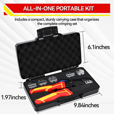 Ratcheting Wire Crimping Tool Set With Six Jaws For Heat Shrink Ferrule Ends Insulated Nylon And Non Insulated Terminals Open Barrel Terminals Solar Connectors Pro Grade Crimper Kit in 9.84-inch case