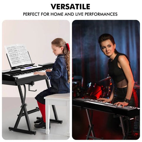 Heavy Duty Z Frame Keyboard Stand With Foam Padded Arms Adjustable Height And Width Fits 54 To 88 Key Electric Pianos in use.