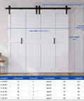 Bifold Barn Door System 72x84 Inches White MDF Sliding Closet Doors With Hardware Kit Included; front view with measurements and table.