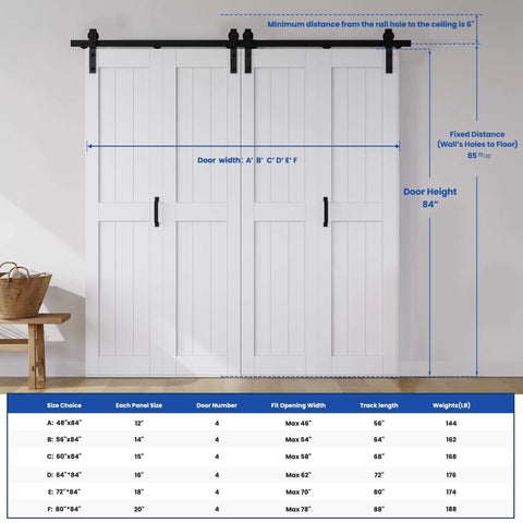 Bi-Fold Barn Door 64 By 84 Inches, MDF Sliding Closet Doors With Hardware Kit, installed with four white panels.