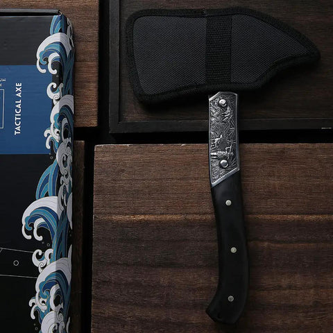 Beast Mode Full Tang Chopping Axe With Wooden Handle, sheath on wooden table, retro design for hiking and camping, 54HRC blade.