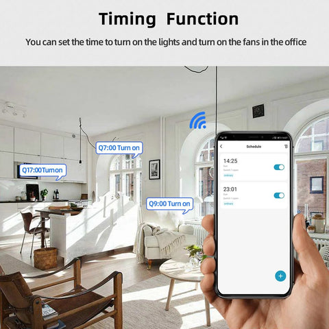Otcboimo two-channel WiFi actuator controller, DC12V/24V, Tuya smart relay; shown with smartphone app controlling lights.