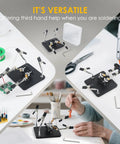 Soldering Station Holder With Storage Box And Third Hand Tool, All In One 4x4 Inch Metal Non Slip Base with Adjustable Arms in use