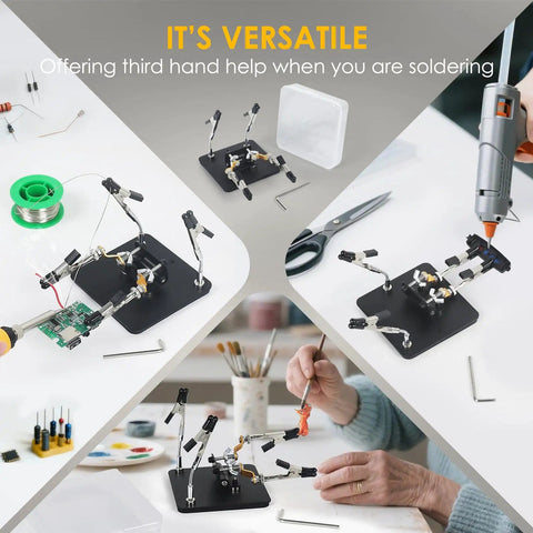Soldering Station Holder With Storage Box And Third Hand Tool, All In One 4x4 Inch Metal Non Slip Base with Adjustable Arms in use
