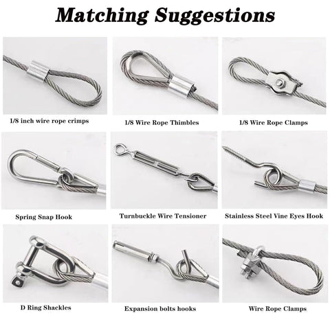 One Eighth Inch Wire Rope Kit 100 Feet With 7x7 Core Vinyl Coated Stainless Steel Cable And Turnbuckles shown with components.
