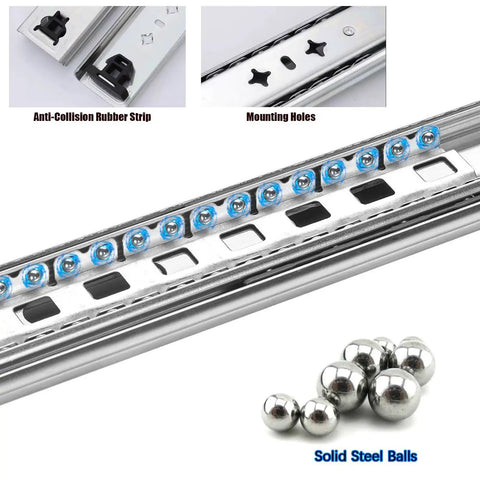 Beefed Up Heavy Duty Full Extension Drawer Slides With Locking Push To Lock Handle, anti-collision rubber strip, mounting holes