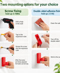 Instructions for mounting Fresh Rainbow Wooden L Shaped Wall Hooks with both screw and adhesive options on the wall.
