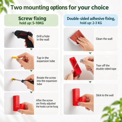Instructions for mounting Fresh Rainbow Wooden L Shaped Wall Hooks with both screw and adhesive options on the wall.