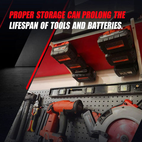 Heavy Duty Wall Mount Tool And Battery Organizer Kit For Milwaukee M18 18V with drills and batteries mounted on rack