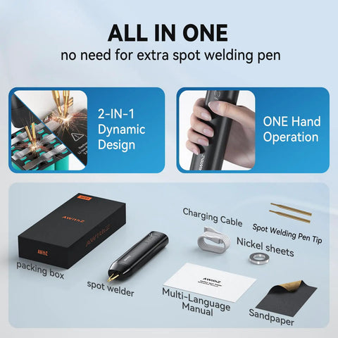Handheld Spot Welder With 11 Gear Adjustable Auto And Manual Modes For 18650 Battery Packs, no pen required, components shown