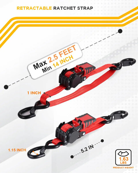 Retractable Ratchet Straps For Boats And Jet Skis 1 Inch By 2.5 Feet Heavy Duty Transom Tie Downs with Safety S Hooks in red