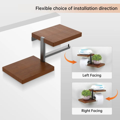 Floating Bathroom Shelves With Toilet Paper Holder Wall Mount Wooden Shelf And Black Metal Roll Holder Brown Wood Finish