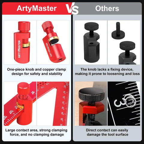 Comparison of ArtyMaster aluminum copper clamp design vs competitors with highlights on stability and clamping features.