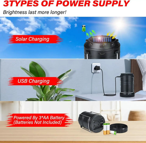 4 Pack Solar Camping Lanterns Rechargeable LED With USB Solar And AA Battery Power Bank Function showing triple charging methods