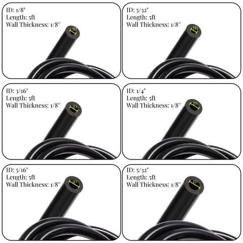ZAVOOS 6-pc black silicone vacuum hose kit: six 5 ft hoses, IDs 1/8 to 3/8 in, wall thickness 1/8 in.