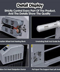 Dang Fast Portable Air Pillow Maker - No Hassle On Demand Cushioning System showing traction wheel, heating block, and guide rod details.