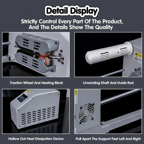 Dang Fast Portable Air Pillow Maker - No Hassle On Demand Cushioning System showing traction wheel, heating block, and guide rod details.