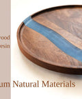 Solid Walnut Wood And Epoxy Resin Lazy Susan Turntable with blue resin detail, ideal for coffee table and hosting use.