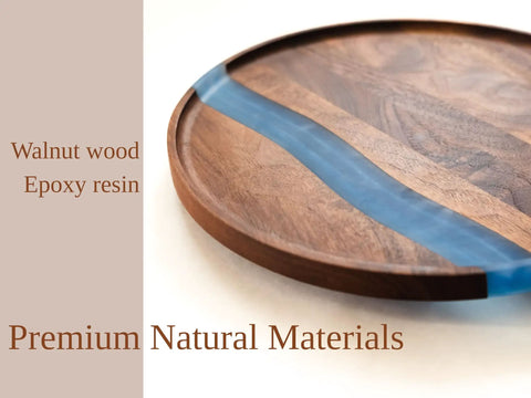 Solid Walnut Wood And Epoxy Resin Lazy Susan Turntable with blue resin detail, ideal for coffee table and hosting use.