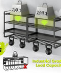 33 Inch Heavy Duty Power Tool Organizer Wall Mount Built To Last Holds 400 Lbs With Eight Drill Racks And Four Tier Cordless Battery Storage Shelf For Garage Workshop Shed Perfect Gift For Men showing industrial load comparison with kettlebells and weight blocks.
