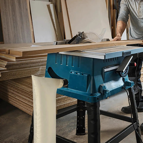 Extra Large Table Saw Dust Collector Bag Universal Fit For 10 Inch Power Tools With 2.5 Inch Port Hookup No Sweat Cleanup System attached to table saw.