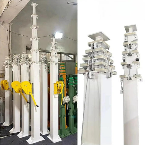 Four To Seven Meter Heavy Duty Telescopic Lighting Mast That Crushes Heights For Video Shoots And Beacon Jobs Featuring Dead Simple Hydraulic Raises And A Bulletproof Universal Flange Mount Base with yellow pulleys.