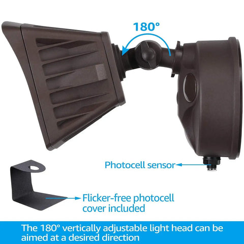 Dusk To Dawn Outdoor Flood Light With Photocell For Garage And Yard 28W 3400Lm IP65 showing adjustable head and photocell sensor