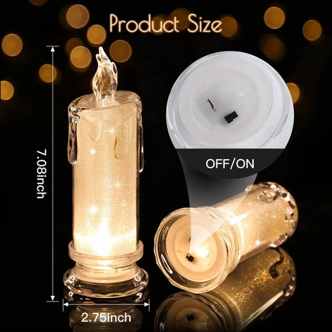 Two Pack LED Flameless Candles with Realistic Flicker Flame, 7.08-inch height, close-up of candle base with off/on switch, battery-powered