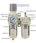 LNCHKA FRL air regulator unit front view with dual filter bowls, gauge 0-150 psi, 3/8 NPT, semi-auto drain