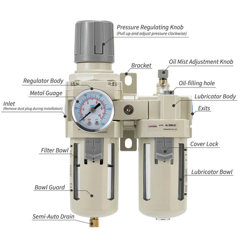 LNCHKA FRL air regulator unit front view with dual filter bowls, gauge 0-150 psi, 3/8 NPT, semi-auto drain