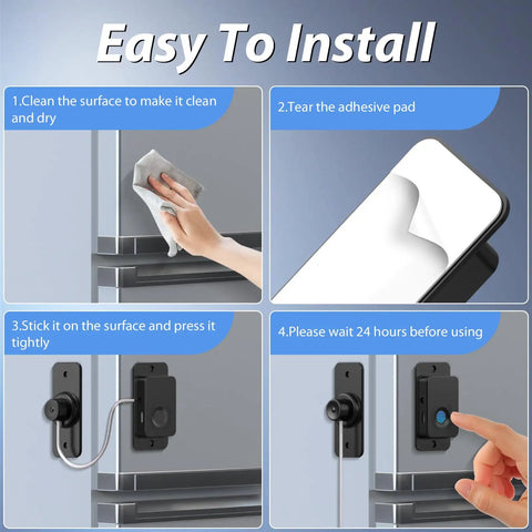 Installation steps for Kid Proof Refrigerator Lock With Fingerprint Unlock No Keys No Drills Easy Mount Adhesive 0.2 Second Fingerprint Access Safe Fridge Lock For Kids Supports Up To 20 Fingerprints Handy Home Safety Gear