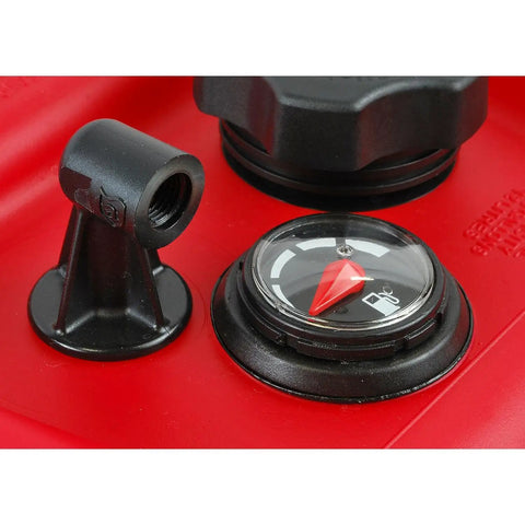 Close-up of gauge and vent on 6 Gallon Portable Marine Fuel Tank With Gauge EPA Certified CARB Approved Built Rugged For Harsh Conditions