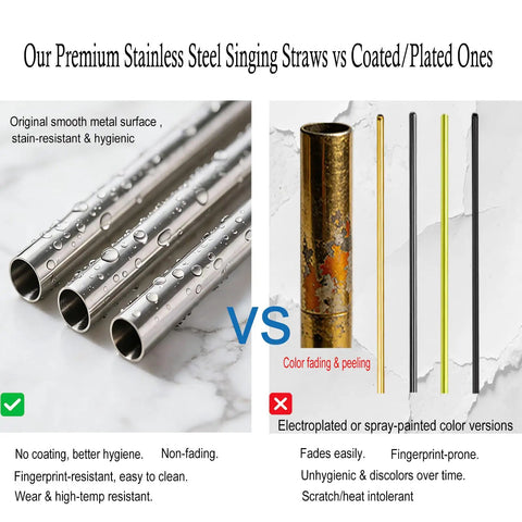Comparison of Pro Grade Singing Straw Vocal Trainer Kit with premium stainless steel and plated straws showcasing durability and hygiene.