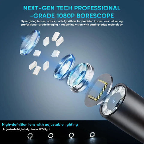 Exploded view of Dual Lens 1080P HD Industrial Endoscope Borescope With Light IP67 Waterproof Snake Camera, showcasing lens components.