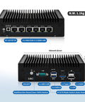 Silent Fanless Mini PC Powered By Core I3 8130U Processor With Six Rugged Network Ports, showcasing ports and dimensions.