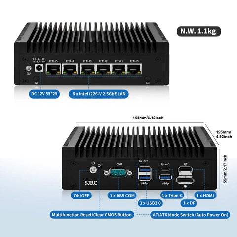 Silent Fanless Mini PC Powered By Core I3 8130U Processor With Six Rugged Network Ports, showcasing ports and dimensions.