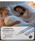 Heavy Duty Soft Close Drawer Slides With Smooth Full Extension Glide And Knockout Carbon Steel Build For Breezy Side Mount Setup On Kitchen Cabinetry And Furniture Hardware Projects displayed beside a couple sleeping.