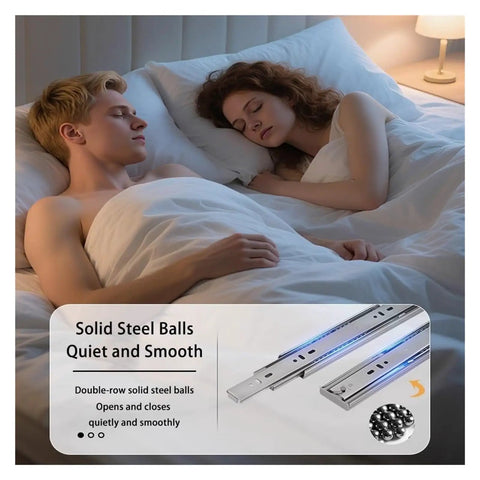 Heavy Duty Soft Close Drawer Slides With Smooth Full Extension Glide And Knockout Carbon Steel Build For Breezy Side Mount Setup On Kitchen Cabinetry And Furniture Hardware Projects displayed beside a couple sleeping.