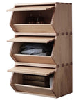 Stackable Solid Wood Storage Chests 3 Pack For Hallway Entryway And Closet Organization, shown stacked with doors open.