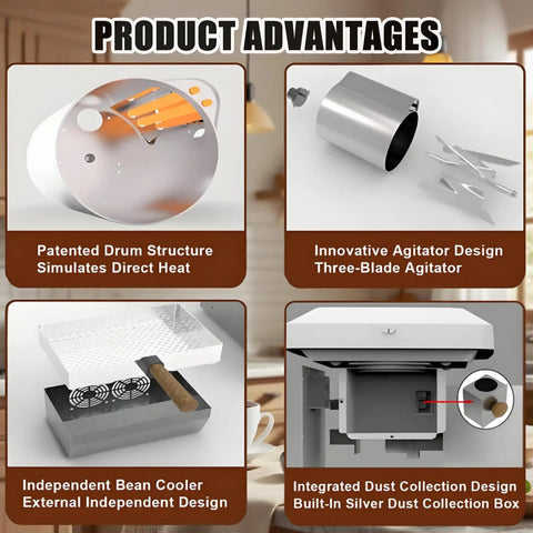 Killer Hot Air Coffee Bean Roaster Machine Upgraded Electric Roaster showcasing patented drum structure and independent bean cooler design.