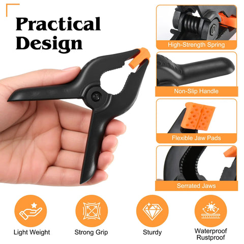 Heavy Duty 4.5 Inch Plastic Spring Clamps Set of 10 Backdrop Clips showing non-slip handle and flexible jaw pads