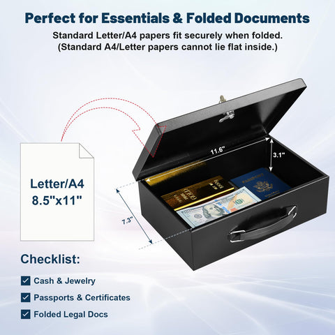 Open Fireproof Document Safe Box With Key Lock Water And Fire Resistant Storage Chest, showing passports, jewelry and documents inside.
