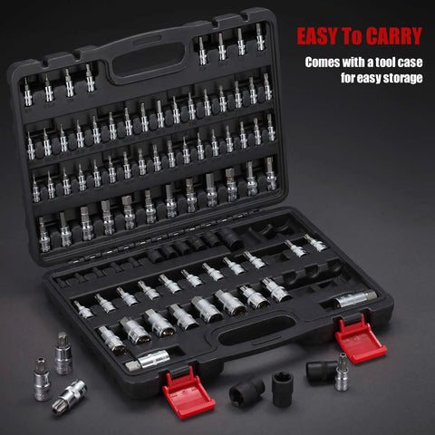 92 Piece Allen And Torx Socket Set For 1/4 3/8 1/2 Inch Drives With Tamper Proof Torx And Hex Bits, SAE And Metric in case.