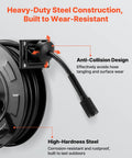 Heavy Duty Pressure Washer Hose Reel 60 Feet By One Quarter Inch Auto Rewind Steel Wall Mount For Car Wash Garden And Floor Cleaning 4000 PSI Max Smooth Retractable Hose Reel With Tangle Free Operation, showing anti-collision design