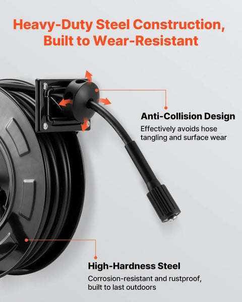 Heavy Duty Pressure Washer Hose Reel 60 Feet By One Quarter Inch Auto Rewind Steel Wall Mount For Car Wash Garden And Floor Cleaning 4000 PSI Max Smooth Retractable Hose Reel With Tangle Free Operation, showing anti-collision design