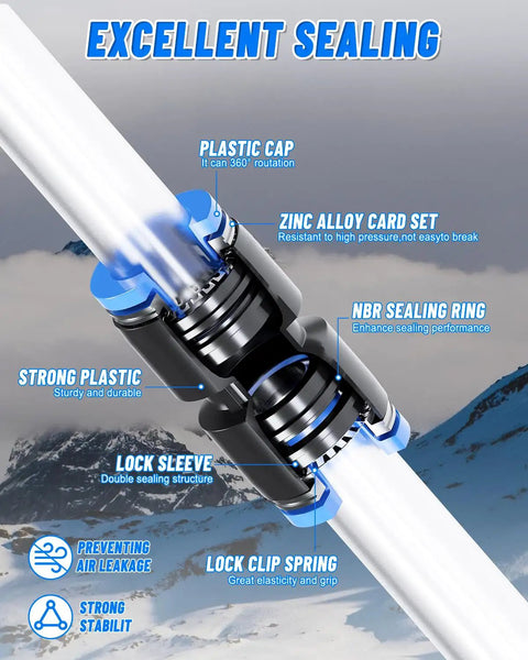 Close-up of 116 Piece Quick Connect Air Fitting Kit featuring push-to-connect fittings with labels highlighting airtight sealing features.