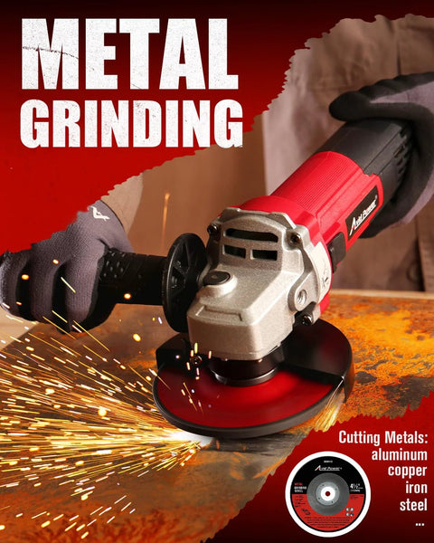 Avid Power 4-1/2 in angle grinder with grinding wheel and auxiliary handle, sparks flying while grinding metal